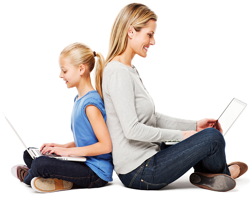 mom and daughter sitting back to back using laptops on wifi internet